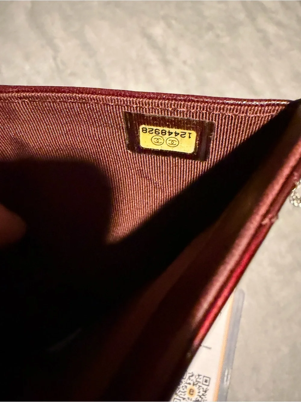 CHANEL Wine Red Medium Flap Patent Wallet Hologram w/ Chain and Authent Cert